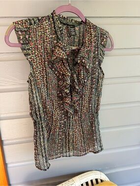 Fire Los Angeles Black Multicolor Floral Ruffle Sleeveless Blouse